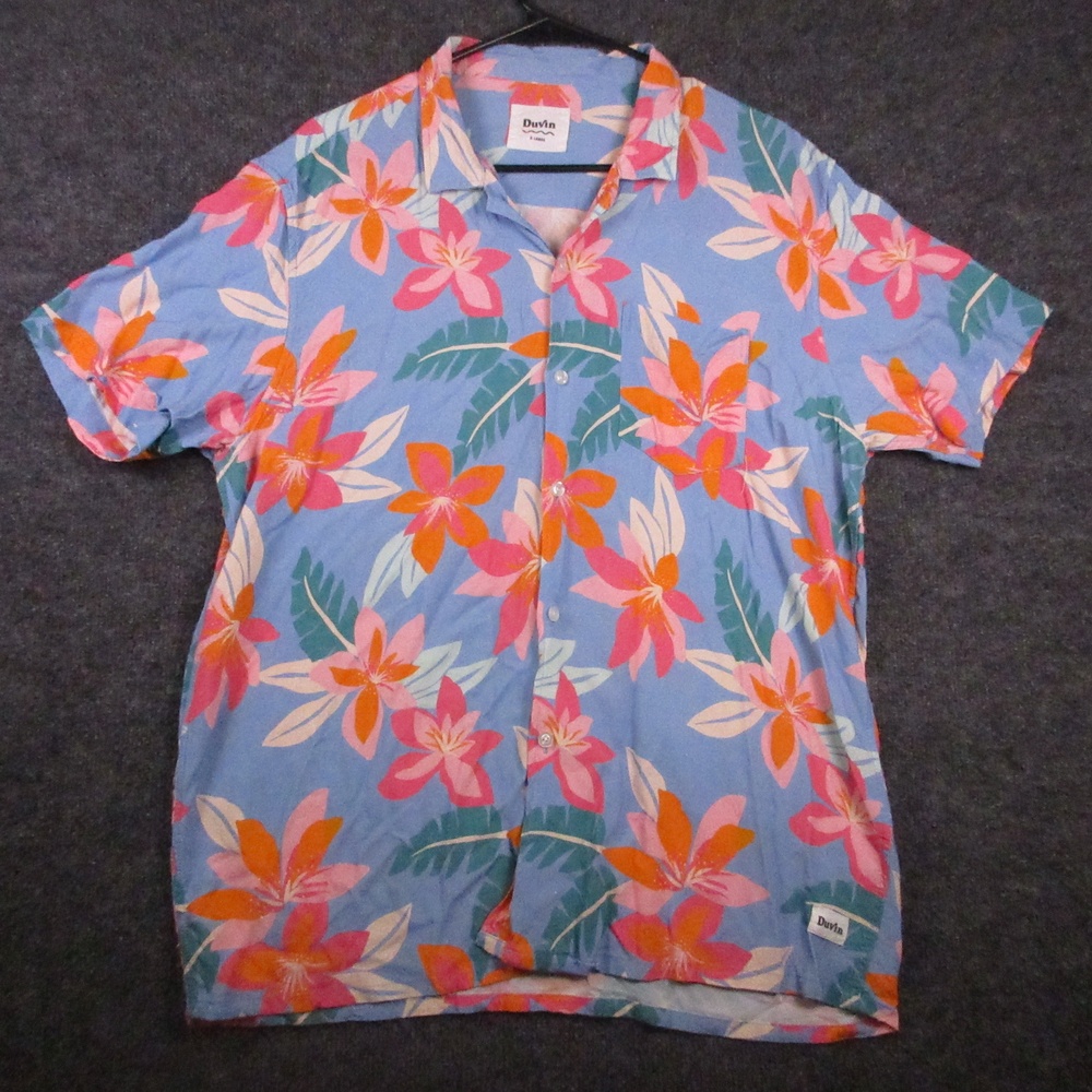 Duvin Shirt Mens XL Blue Floral Hawaiian Short Sleeve Button Up Rayon Casual